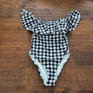 Cabana Del Sol Women's Small Swimsuit Gingham‎ Off The Shoulder Black White